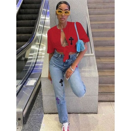 Szín: piros 1 L - Akaily Summer Streetwear Crop felsők, női 2022 divatos V nyakú, rövid ujjú pólók, fehér grafikai