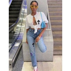 Szín: fehér 1 L - Akaily Summer Streetwear Crop felsők, női 2022 divatos V nyakú, rövid ujjú pólók, fehér grafikai