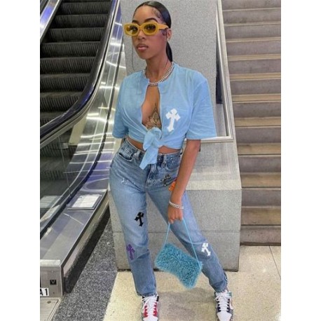 Szín: kék 1 L - Akaily Summer Streetwear Crop felsők, női 2022 divatos V nyakú, rövid ujjú pólók, fehér grafikai