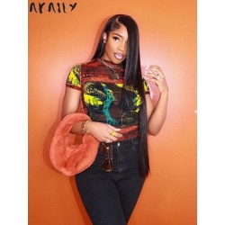 Szín: fekete L - Akaily Summer Graphics Nyomtatott pólók Női 2023 Átlátszó Rövid ujjú Crop Top Bodycon Streetwear