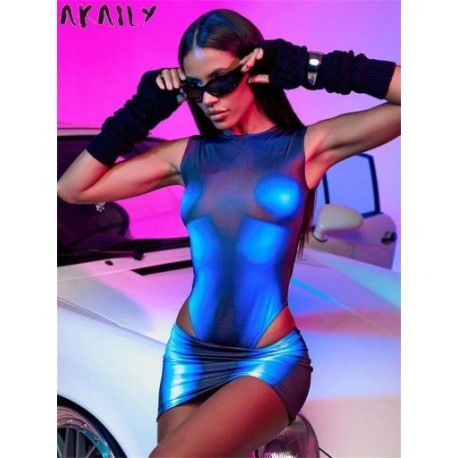 Szín: kék S - Akaily nyári 3D nyomtatás 2 kétrészes szett klubruha női 2023-as szexi ujjatlan Crop body és Bodycon