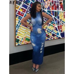 Szín: kék S - Akaily Summer Streatwear print Long Dresses Club Outfit for Women 2023 Ujjatlan, domború, hollow Out Bodycon