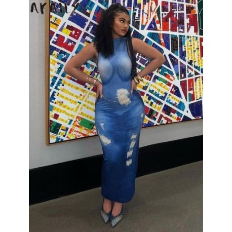 Szín: kék S - Akaily Summer Streatwear print Long Dresses Club Outfit for Women 2023 Ujjatlan, domború, hollow Out Bodycon