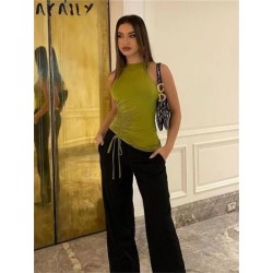 Szín: zöld S - Akaily Summer Streatwear O nyakú zöld felsők nőknek 2023 tömör ráncolással Bodycon ujjatlan felsők