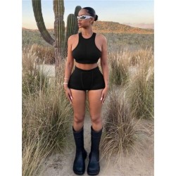Szín: fekete M - Akaily Summer Casual 2 darab kétrészes szettek Női ruhák O Nyak Ujjatlan Crop Tank Topok Vékony