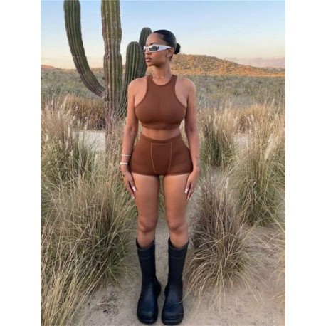 Szín: barna M - Akaily Summer Casual 2 darab kétrészes szettek Női ruhák O Nyak Ujjatlan Crop Tank Topok Vékony