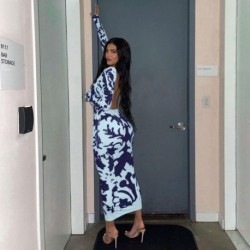 Szín: kék M - Akaily Summer Streetwear nyomtatott ruhák nőknek 2021 O nyakú, hosszú ujjú Bodycon hosszú ruha női hát