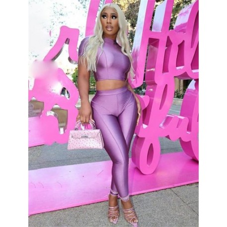 Szín: lila L - Akaiky Purple kétrészes nadrág készletek nyári ruhák nőknek 2023 O Neck Solid Crop felsők és Booty