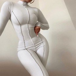 Szín: fehér M - Akaily őszi fehér bordás jumpsuit Streetwear egyrészes ruhák nőknek 2021 fekete, nyakú, hosszú ujjú