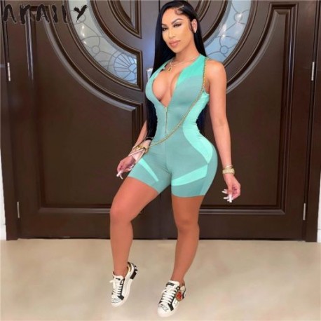 Szín: kék S - Akaily Streetwear Rompers Női Jumpsuits Fekete Shorts Fitness Ujjatlan Egyrészes Outfitek Cipzáras Szexi
