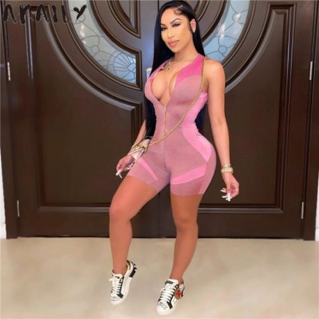 Szín: Rose Red S - Akaily Streetwear Rompers Női Jumpsuits Fekete Shorts Fitness Ujjatlan Egyrészes Outfitek Cipzáras Szexi