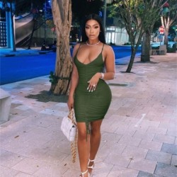 Szín: Army Green M - Akaily Autumn Streetwear Ruched ruhák nőknek 2021 Camis V nyakú ujjatlan Bodycon rövid ruha női