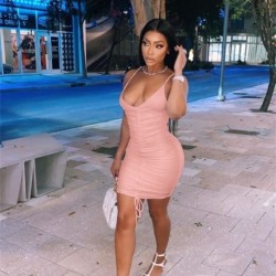 Szín: rózsaszín M - Akaily Autumn Streetwear Ruched ruhák nőknek 2021 Camis V nyakú ujjatlan Bodycon rövid ruha női