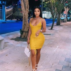 Szín: sárga M - Akaily Autumn Streetwear Ruched ruhák nőknek 2021 Camis V nyakú ujjatlan Bodycon rövid ruha női