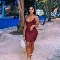 Szín: Burgundy M - Akaily Autumn Streetwear Ruched ruhák nőknek 2021 Camis V nyakú ujjatlan Bodycon rövid ruha női