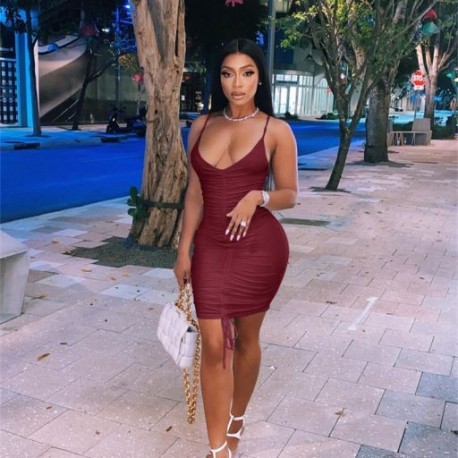 Szín: Burgundy M - Akaily Autumn Streetwear Ruched ruhák nőknek 2021 Camis V nyakú ujjatlan Bodycon rövid ruha női