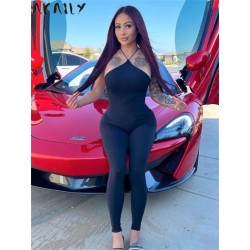 Szín: fekete M - Akaily nyári lezser, szolid jumpsuit nőknek 2023 Halter, ujjatlan, hát nélküli jumpsuit One Pieces