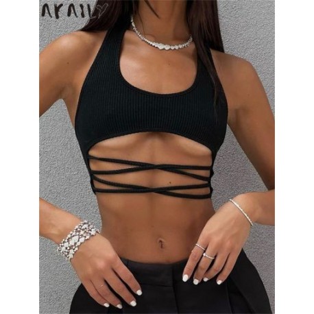 Szín: fekete M - Akaily Summer Streetwear Hollow Out Tops Ruhák Női 2023 Halter Bandage Crop Tank Tops Bodycon Hát nélküli