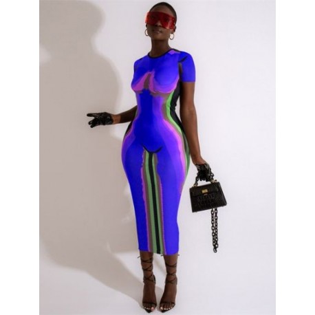 Szín: kék XL - Akaily Summer Fashion Print Maxi ruhák női 2022 O nyakú rövid ujjú kék Club Bodycon ruha Kék szexi party