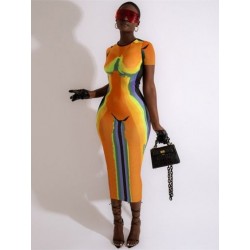 Szín: narancssárga XL - Akaily Summer Fashion Print Maxi ruhák női 2022 O nyakú rövid ujjú kék Club Bodycon ruha Kék