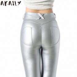 Szín: ezüst XXL - AKAILY Streetwear Bőr nadrág Női Hotpants Fekete magas derekú Bodycon Stretch Pencil Pants Jegging 2021