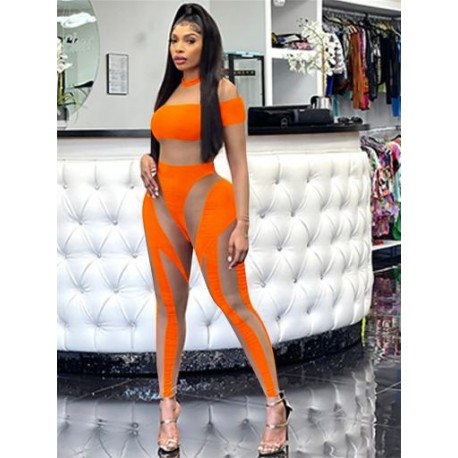 Szín: narancssárga XL - Akaily Spring Mesh Patchwork Jumpsuit Női 2023 O Nyakú Jumpsuit Egyrészes Club Outfitek Átlátszó