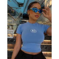 Szín: kék L - Akaily Summer Streetwear Graphics Kék felsők Női 2023 O Neck Print Y2K Tops Fashion Bodycon Fehér Causal