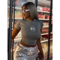 Szín: szürke L - Akaily Summer Streetwear Graphics Kék felsők Női 2023 O Neck Print Y2K Tops Fashion Bodycon Fehér Causal