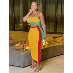 Szín: sárga S - Akaily Nyári Patchwork Szexi Klubruhák Női Ruhák 2022 Hát nélküli pántos Hosszú ruha Női Kivágott