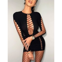Szín: fekete S - AKAILY Summer Streetwear hálós rövid ruhák nőknek 2023 Solid Bodycon Hollow Out Mini ruhák Fekete szexi