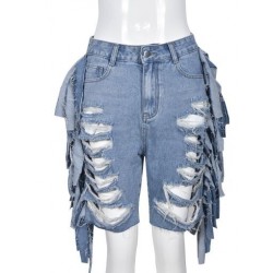Szín: kék ötödik nadrág XXL - Akaily Summer Tassel Jean Shorts Női 2023 Streetwear Hollow Out Booty Shorts Alkalmi magas