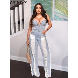 Szín: kék XL - AKAILY Nyári utcai viselet szakadt Jean Jumpsuits női ruhák 2023 Bodycon hát nélküli mellcső felső egy