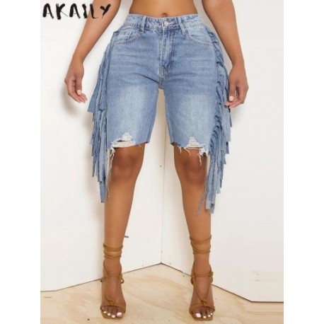 Szín: világoskék XXL - Akaily Blue Tassel Jean Shorts Nyári ruhák nőknek 2023 Streetwear Booty Shorts Alkalmi, magas