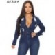 Szín: kék L - Akaily őszi kék szakadt farmer Jumpsuit Női Divat Egyrészes Alkalmi Outfit 2022 V nyakú, Hosszú ujjú