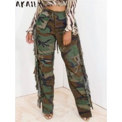 Szín: zöld M - Akaily Fall Tassel Cargo nadrágok női divat 2022 Camo Print magas derekú táskás nadrág Női alkalmi,