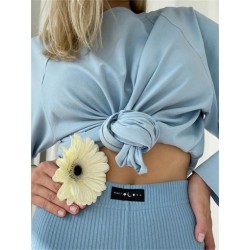 Szín: kék S - Akaily Autumn Streetwear rózsaszín pólók női 2022 O Neck Bandage hosszú ujjú felsők Női Fekete Basic