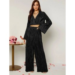 Szín: fekete L - Akaily Fall Black Ruched 2 kétrészes nadrágszettek női ruhák, 2022-es, flare ujjú, vágásos felső és