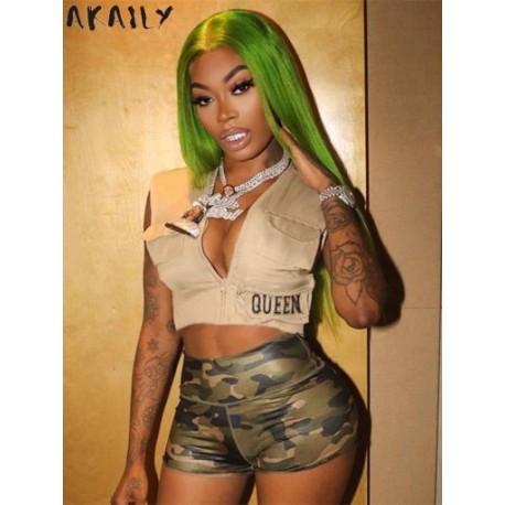 Szín: APRICOT S - Akaily Summer Streetwear Grafikus pólók nőknek 2022 Ujjatlan nyomtatás Cipzáras Crop Tops Női Khaki