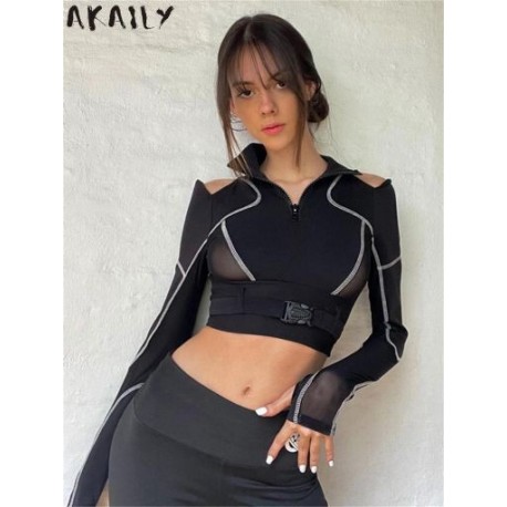 Szín: fekete S - Akaily őszi fekete hálós pólók női divat 2022-es csíkos patchwork hosszú ujjú Y2K felső női