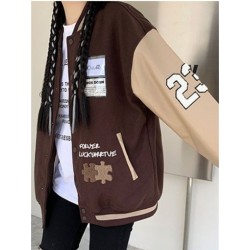 Szín: barna XXL - Akaily őszi leveles hímzésű női baseball dzsekik 2022 fekete Patchwork hosszú ujjú kabátok Női