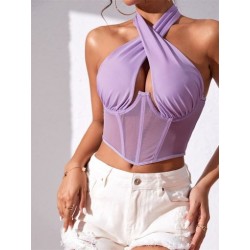 Szín: lila M - Akaily nyári hálós patchwork Crop Top klubruha női 2023-as szexi, ujjatlan kötőfékű, áttetsző női,