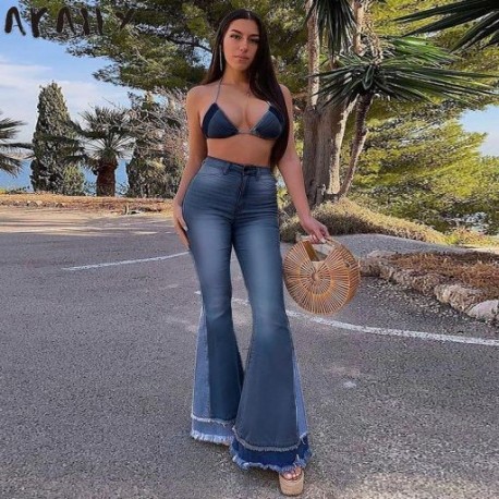 Szín: kék M - Akaily 2022 tavaszi patchwork flare farmer Női magas derekú vékony, széles lábú farmer Női utcai ruházat