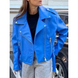 Szín: kék L - Akaily őszi fekete műbőr dzsekik női utcai ruházathoz 2022 V nyakú, hosszú ujjú kabátok női kék öves