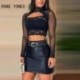 Szín: fekete M - Női elegáns, hosszú ujjú rövid csipke felsők pu bőr alsó övgombbal Bodycon mini szexi szoknya szettek