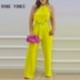 Szín: Fluoreszkáló zöld S - Női tömör, elegáns szexi kötőfék, fűzős övvel. Szexi egyenes lábú jumpsuit