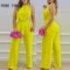 Szín: Fluoreszkáló zöld S - Női tömör, elegáns szexi kötőfék, fűzős övvel. Szexi egyenes lábú jumpsuit