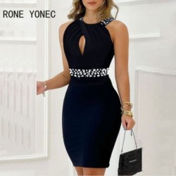 Szín: kék S - Női Solid Chic Elegáns, ujjatlan strasszos szexi hollow Out Silt Bodycon mini szexi ruhák