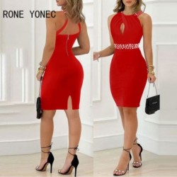 Szín: piros S - Női Solid Chic Elegáns, ujjatlan strasszos szexi hollow Out Silt Bodycon mini szexi ruhák
