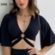 Szín: kék M - Női Elegáns Mély V nyakú Crop Top strassz díszítéssel, fél fodros ujjú Bodycon szoknya szettek