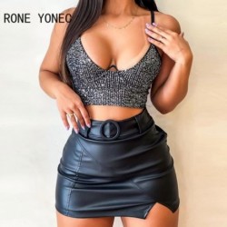 Szín: fekete L - Női szexi elegáns flitterek Cami ujjatlan pu bőr alsó övvel Summer Bodycon mini szexi szoknya szettek